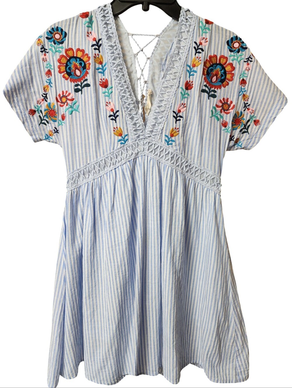 ALTAR'D STATE Colorful Embroidered Boho Striped Mini Dress Lace Up Back Sz Small